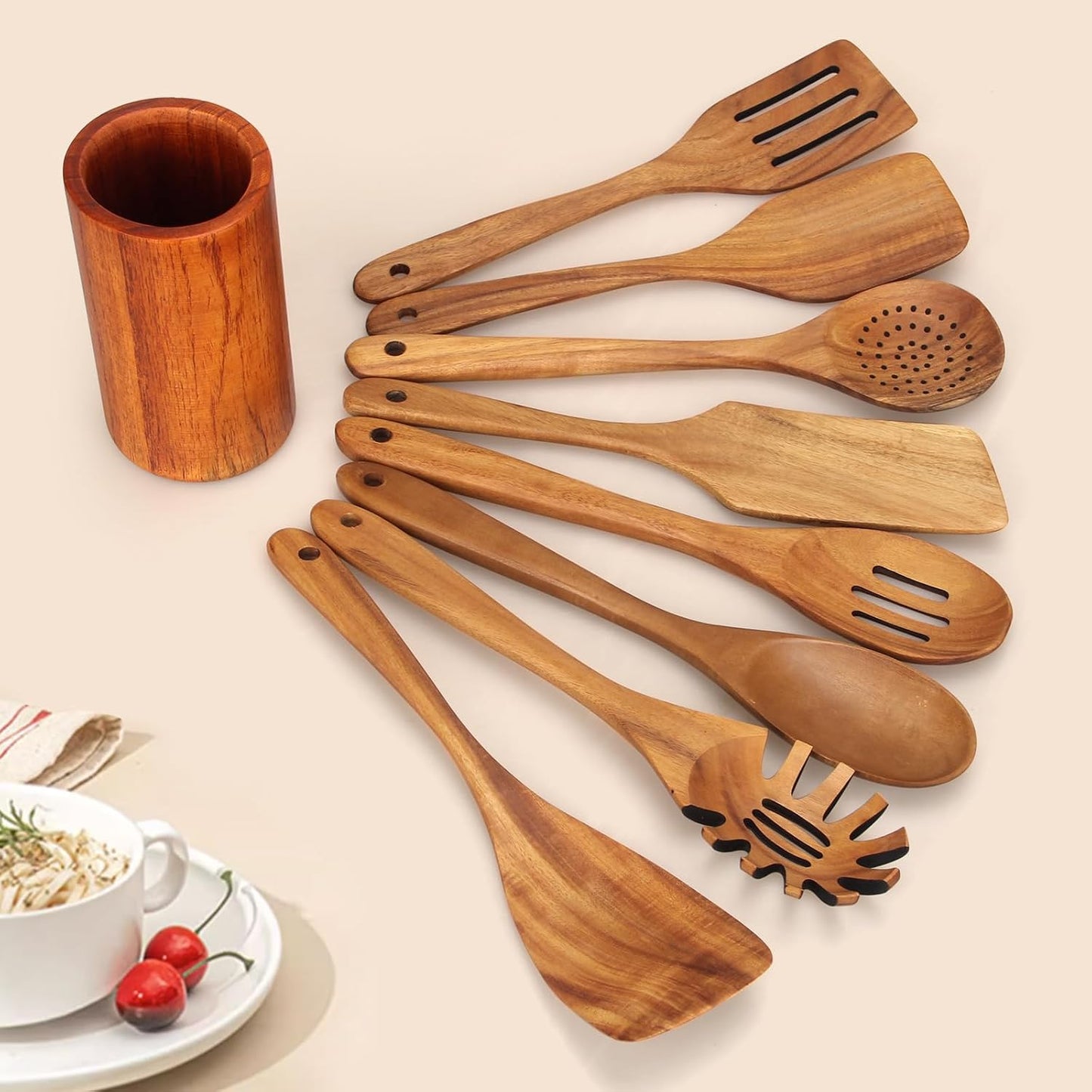 9 Pcs Wooden Kitchen Utensils Set with Holder Cooking Spoons Wood Spatula | Acacia Wood Spoons for Cooking Utensils