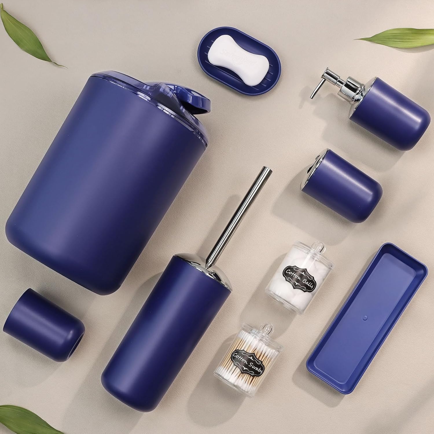 IMAVO Bathroom Accessories Set,Navy Blue Bathroom Set,9 Pieces Bathroom Accessory Set,Tray,Qtip Holders,Toilet