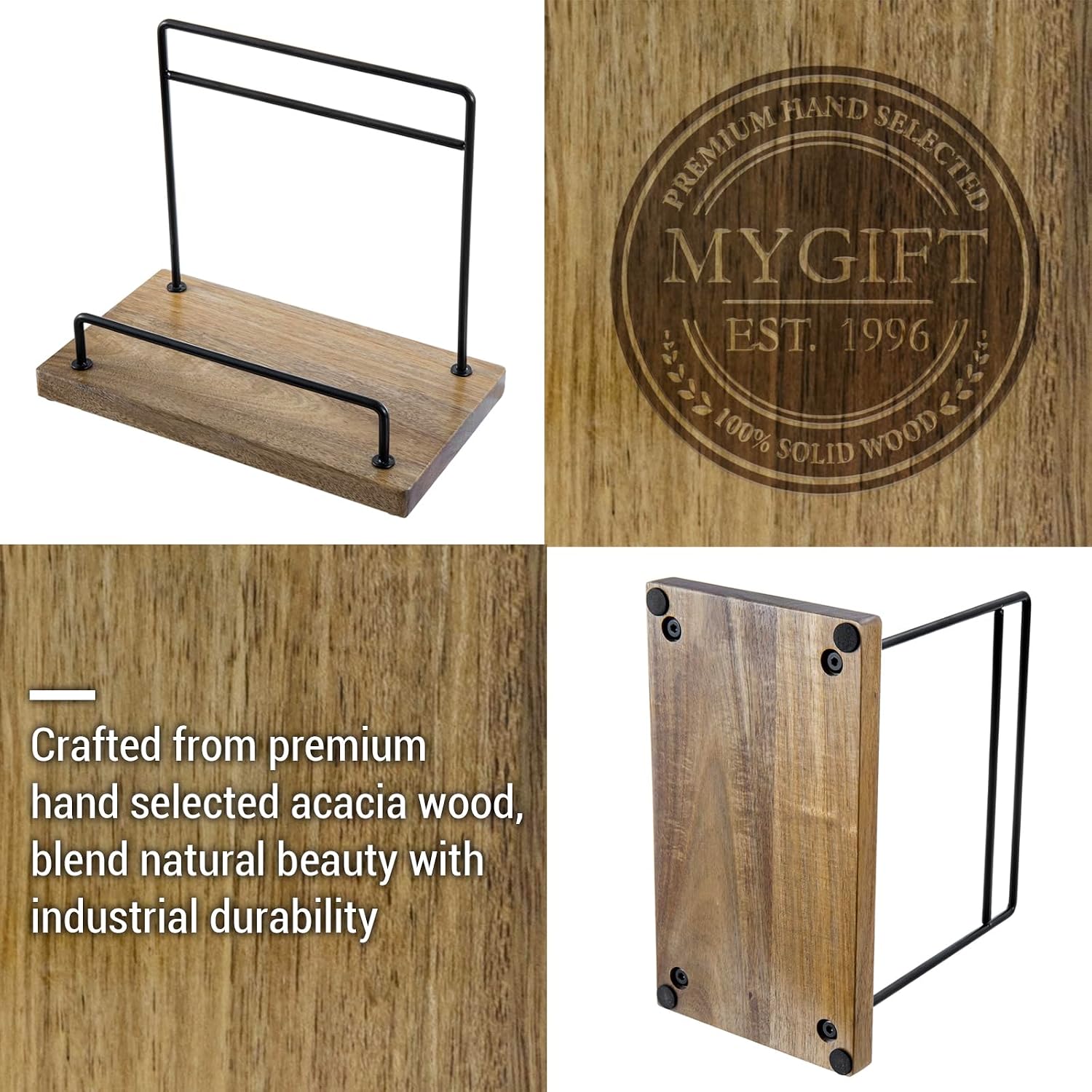 MyGift Acacia Wood Cookbook Stand, Black Metal Recipe Book Holder | Premium acacia wood and sturdy metal support