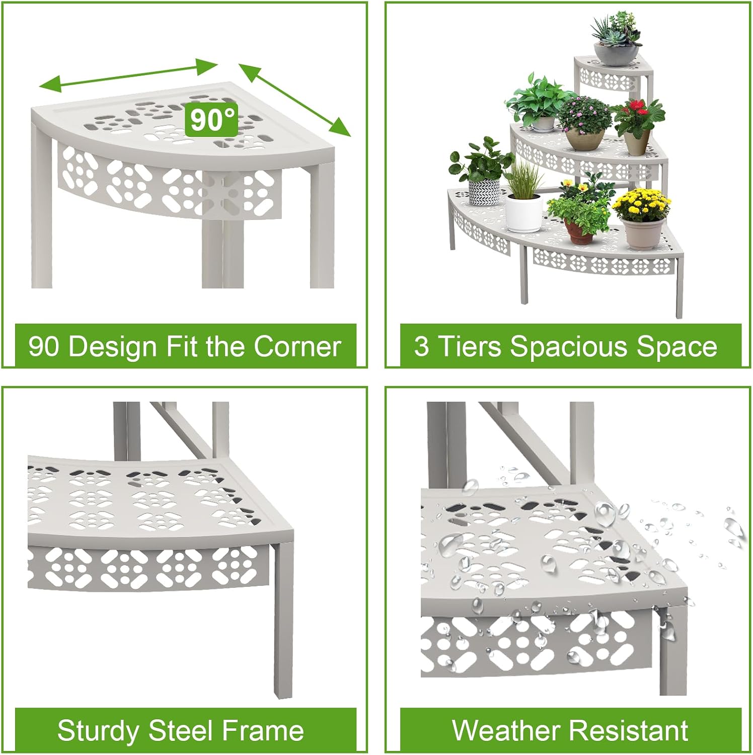 aboxoo 3-Tier Metal Plant Stand, Quarter Round Stair-Step Corner Shelf | Holds multiple flower pots,Indoor/outdoor