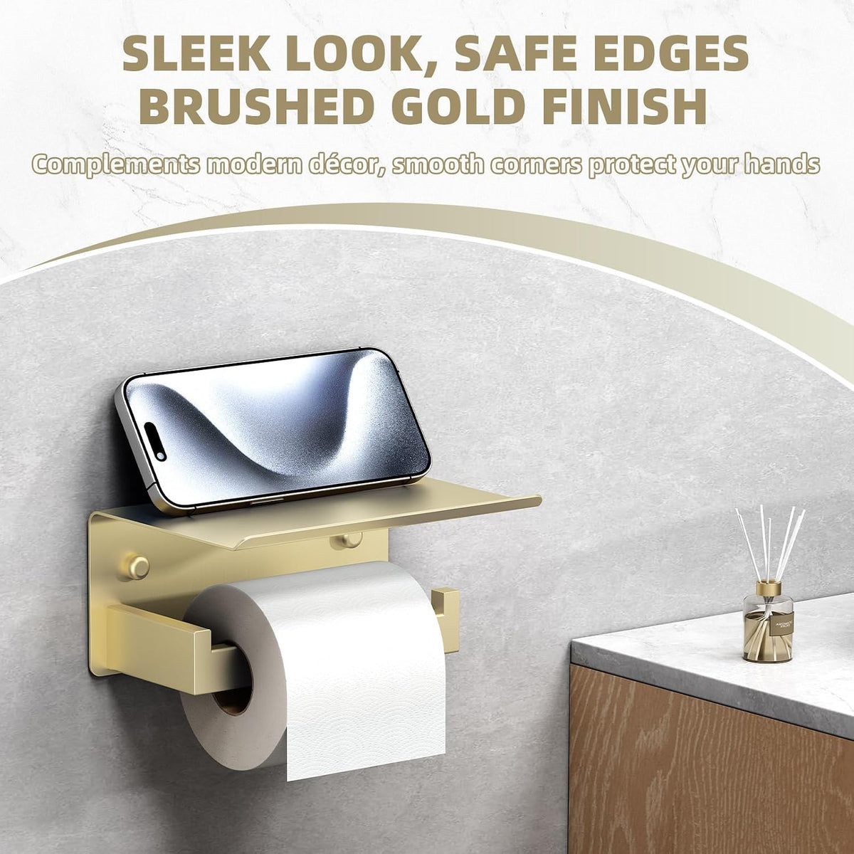 APLusee Brushed Gold Toilet Paper Holder with Shelf, 304 Stainless Steel Wall Mount Tissue Roll Holder for Bathroom