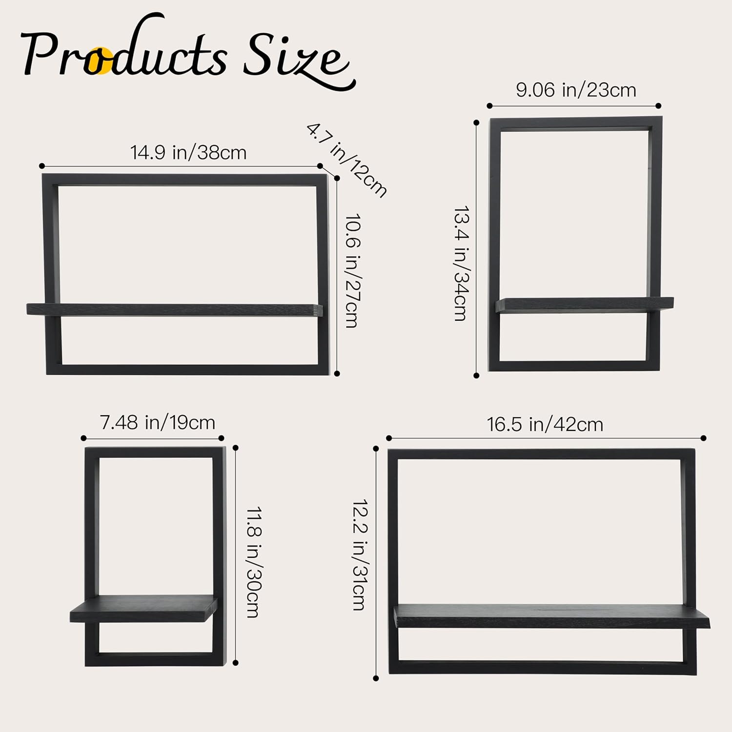 Square Floating Shelves / Rustic Black / Set of 4