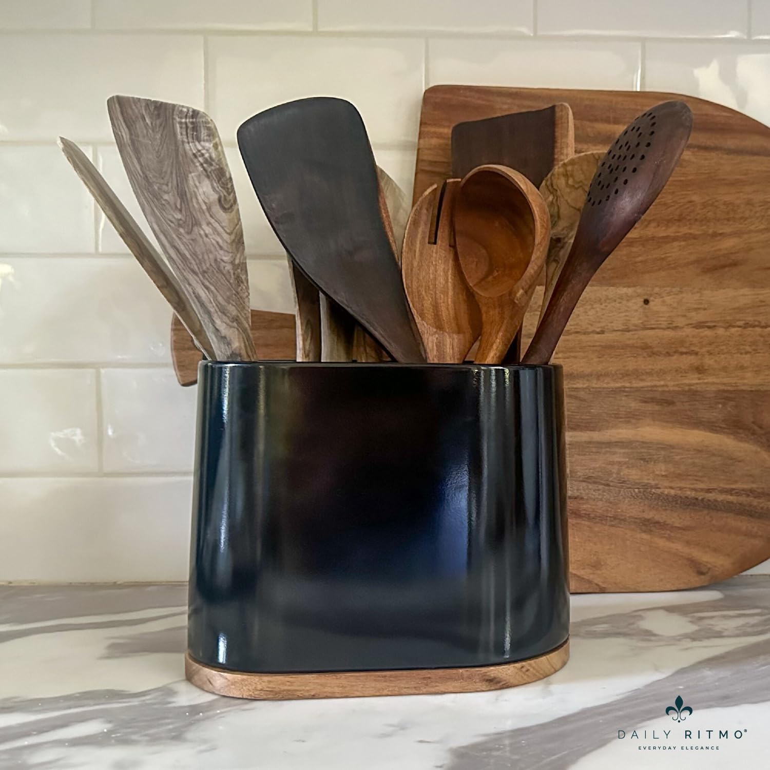 DAILY RITMO® Black Large Oval Utensil Holder with Bamboo Base and Divider