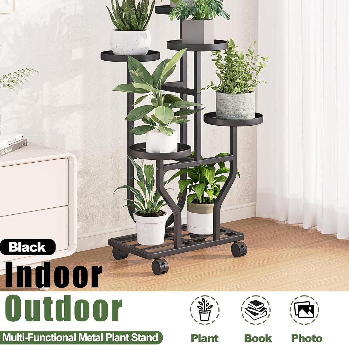 Plant Stand with Wheels, Black 5 Tier Metal Plant Shelf for Indoor Outdoor | Corner Plants Stand Indoor for Bedroom