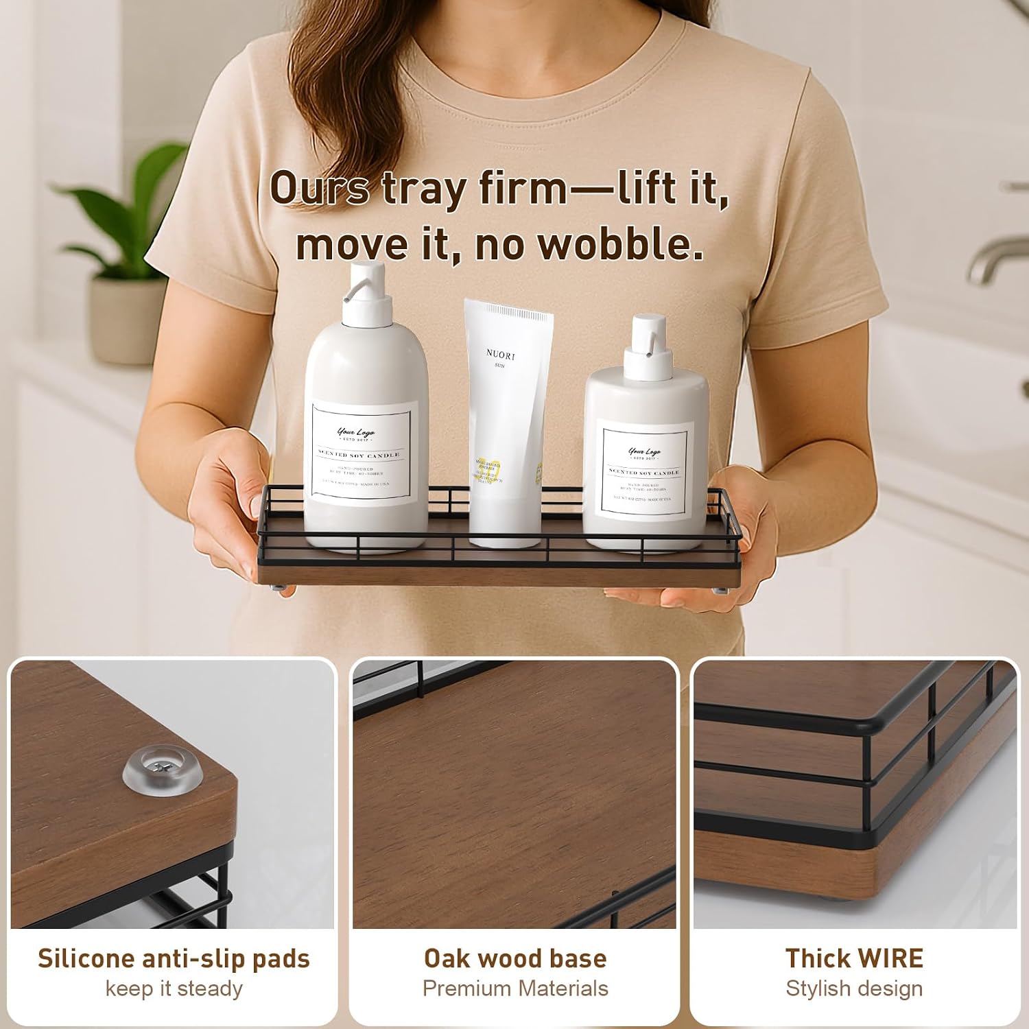 Oak Wood Vanity Tray / Black & Brown / 11 x 4.5 x 1.5