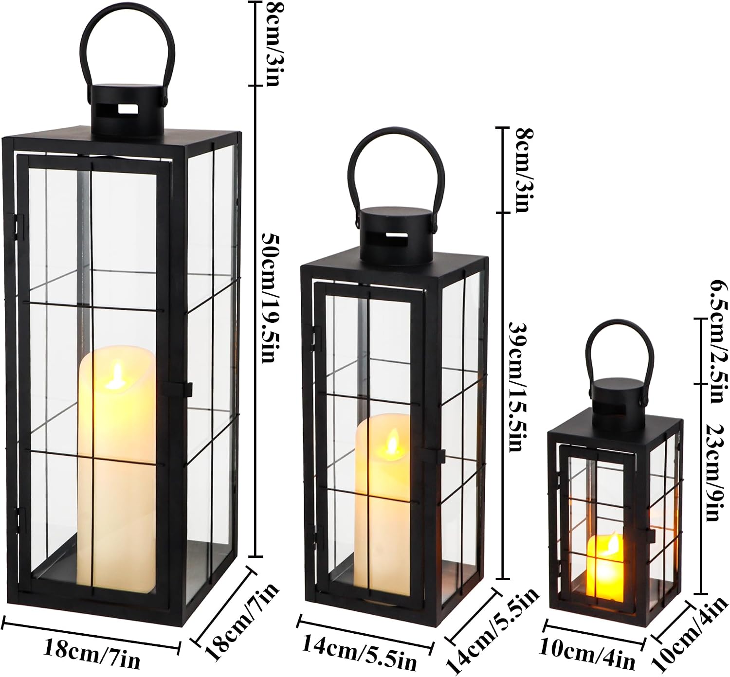 TRIROCKS Metal Candle Lantern Set of 3 - Assorted Sizes (9/15.5/19.5 Inch) - Tall Decorative Hanging Lanterns with