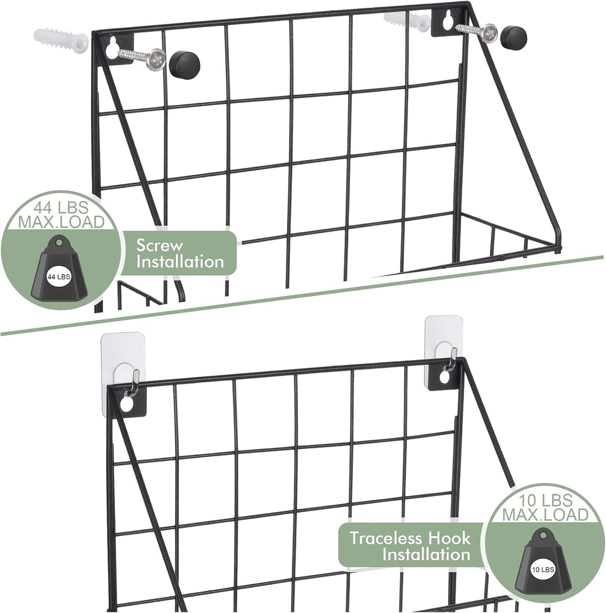 Mail Holder Magazine Basket - 2 Pack Black Wall Mount File Organizer Rack of Wooden Style with Adhesive Mounting
