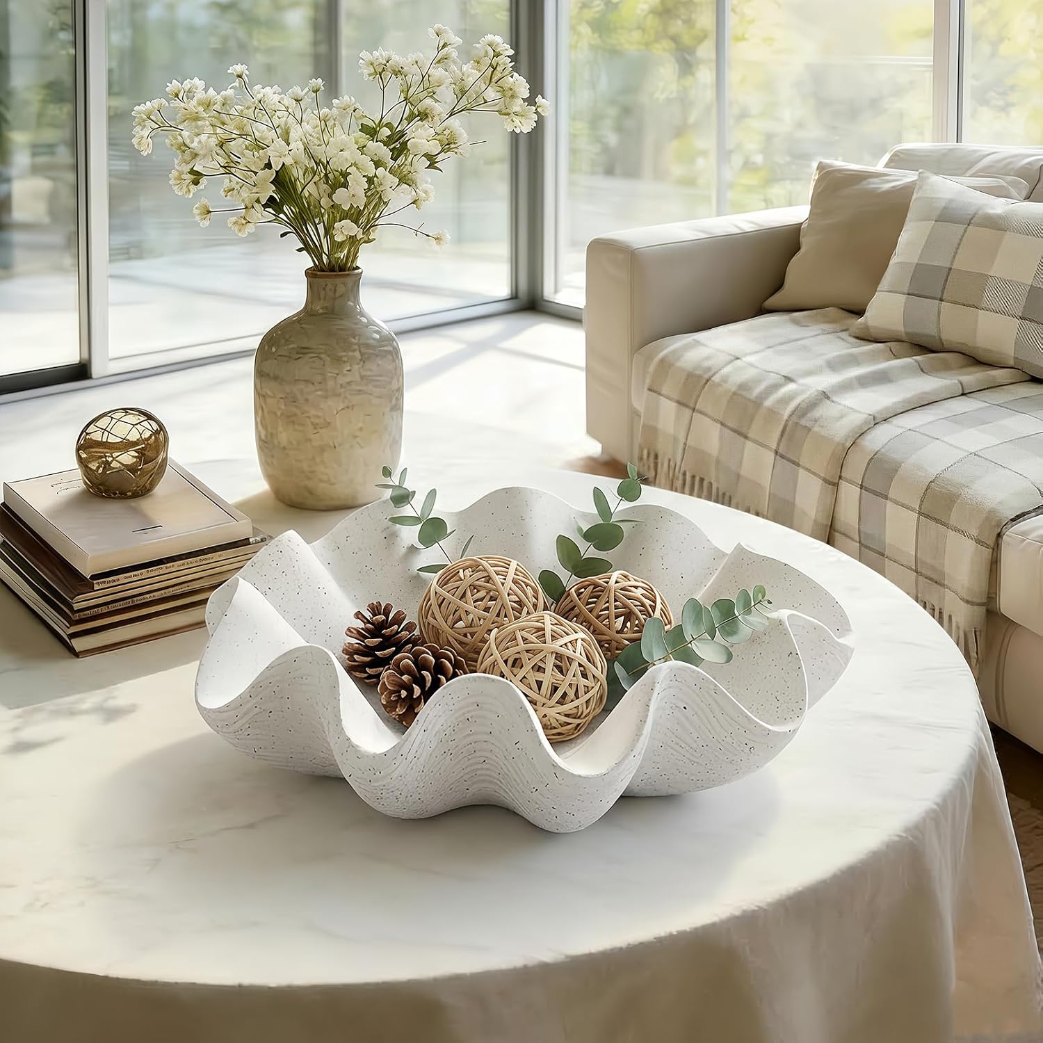Scalloped Decorative Bowl Home Decor / Artificial Stone White