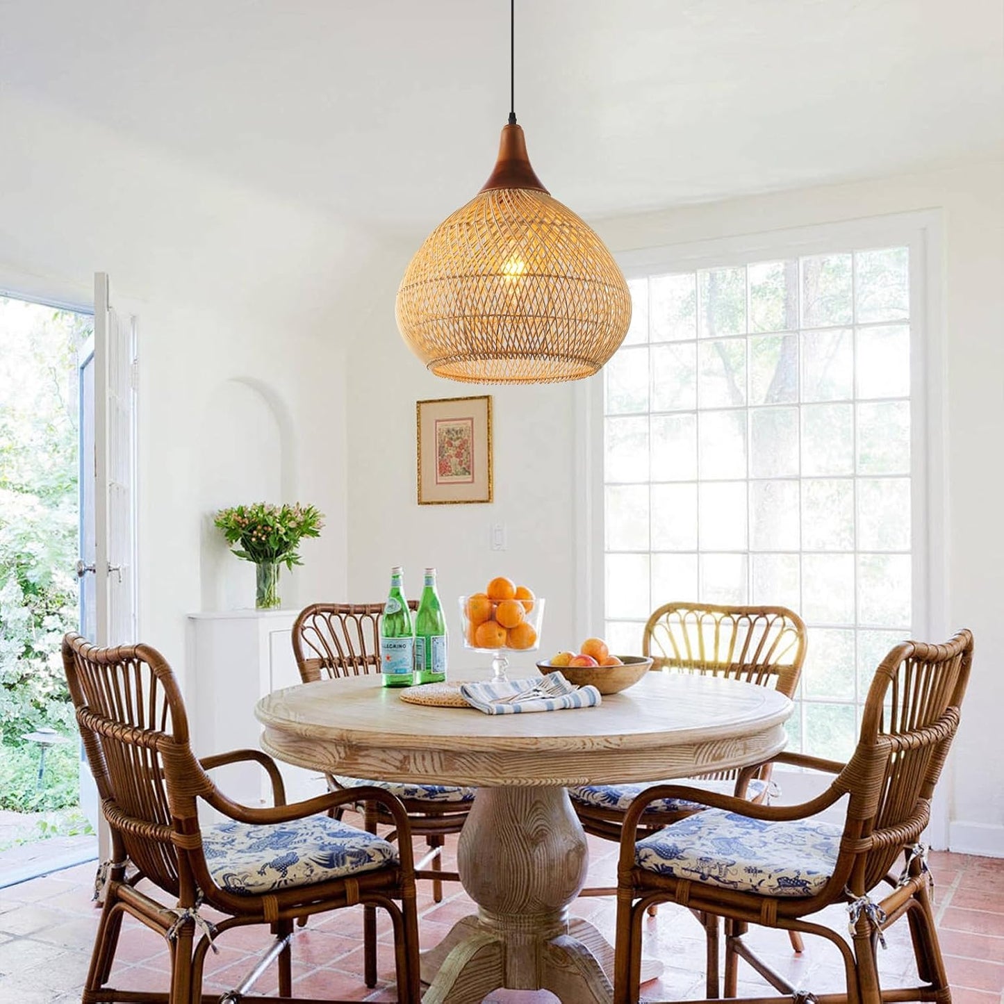 Basket Wicker / Rattan Pendant Light / Wood + Rattan / Raindrop / D 16", Large