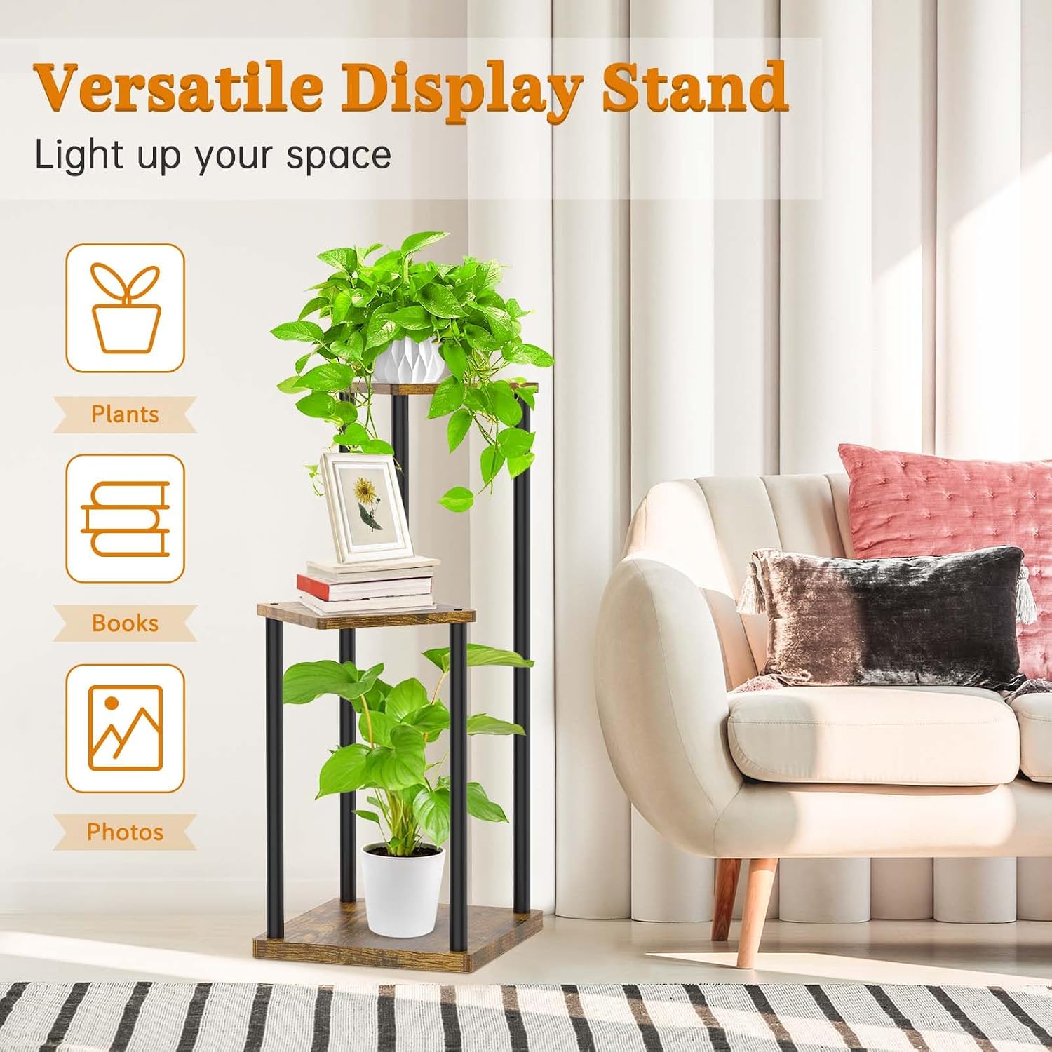 Plant Stand Indoor, Oppro 3 Tier Corner Metal Wood Flower Pot Holder Shelf | Multiple Display Rack Square Table for