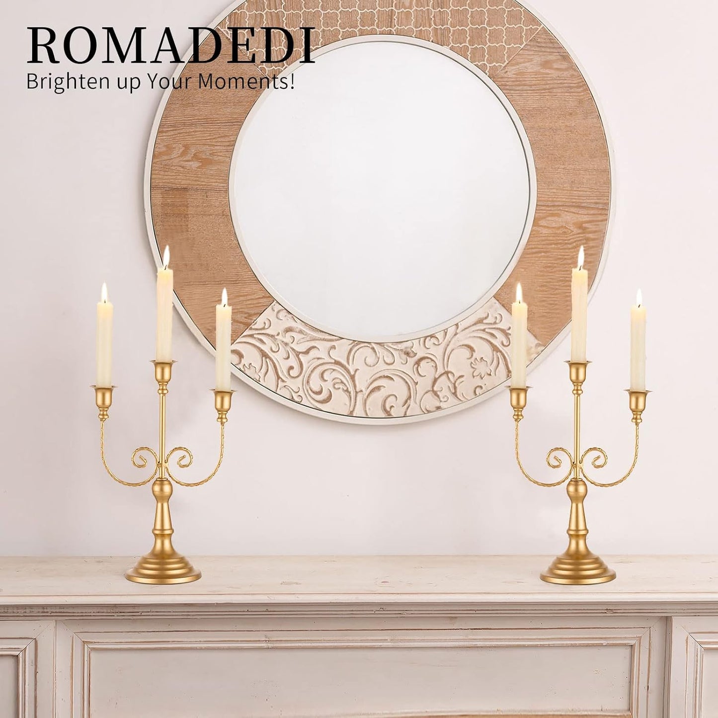 Romadedi Gold 3 Arm 11.8" Candelabra Candle Holders, Set of 2 | Wedding Candlestick Holder, Theme Party Table