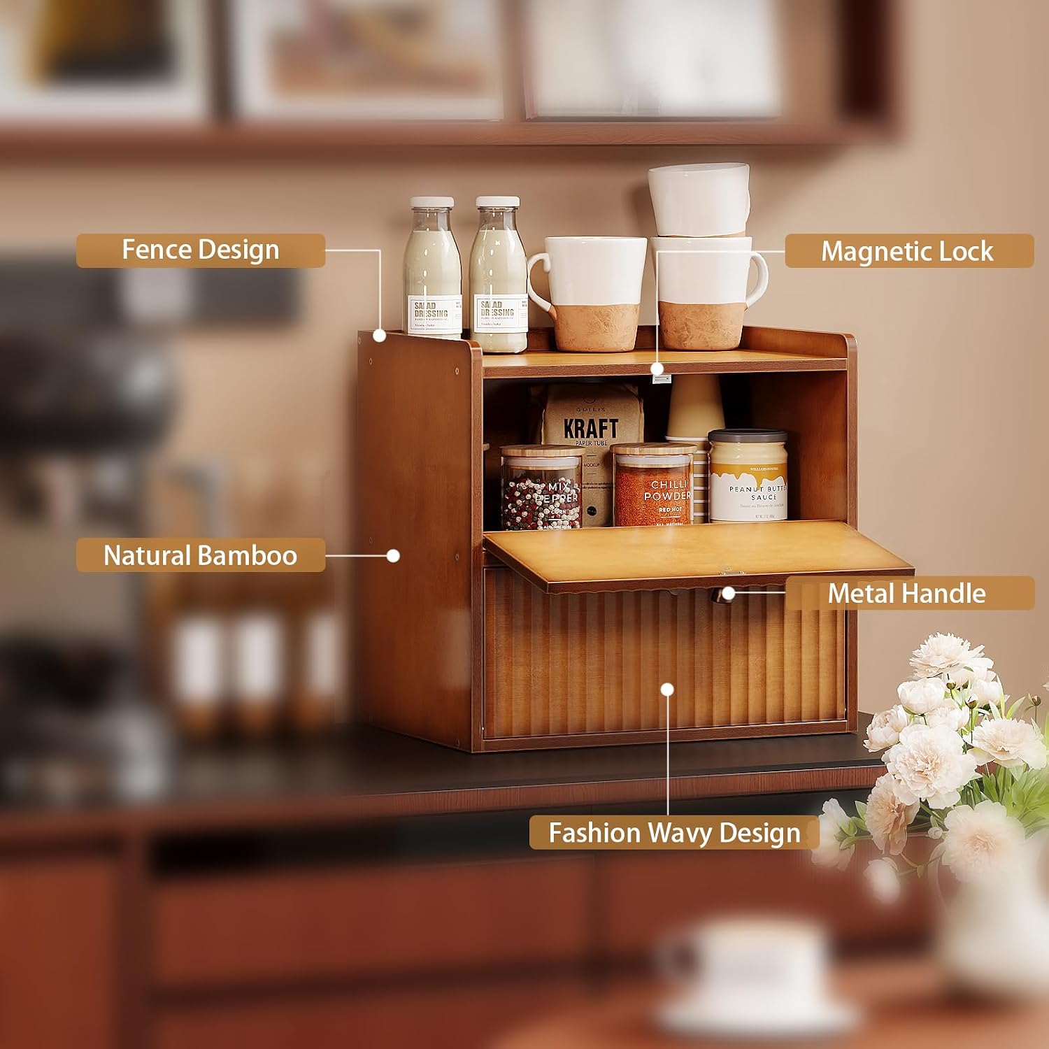 Trironsun Rustic Bread Box for Kitchen Countertop Bamboo Bread Storage Container Bin Double Layer BreadBox Farmhouse