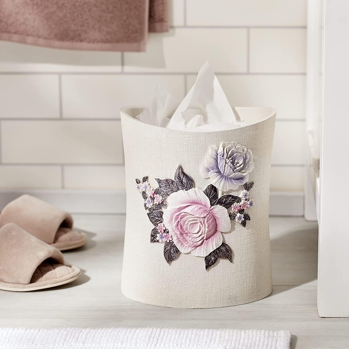 Zahari Home 2pc Michelle Bathroom Set Waste Basket & Tissue Cover Modern Classic Decor Stylish Unique Design Beautiful