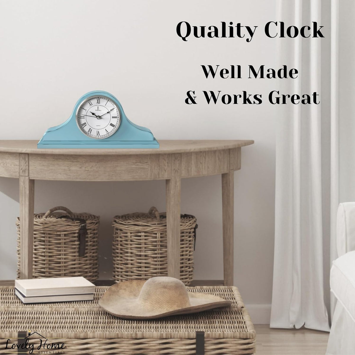 Mantel Clock for Fireplace, Teal Wooden Farmhouse Silent Mantle Clock | Solid Wood Non-Chiming Battery Operated Clock
