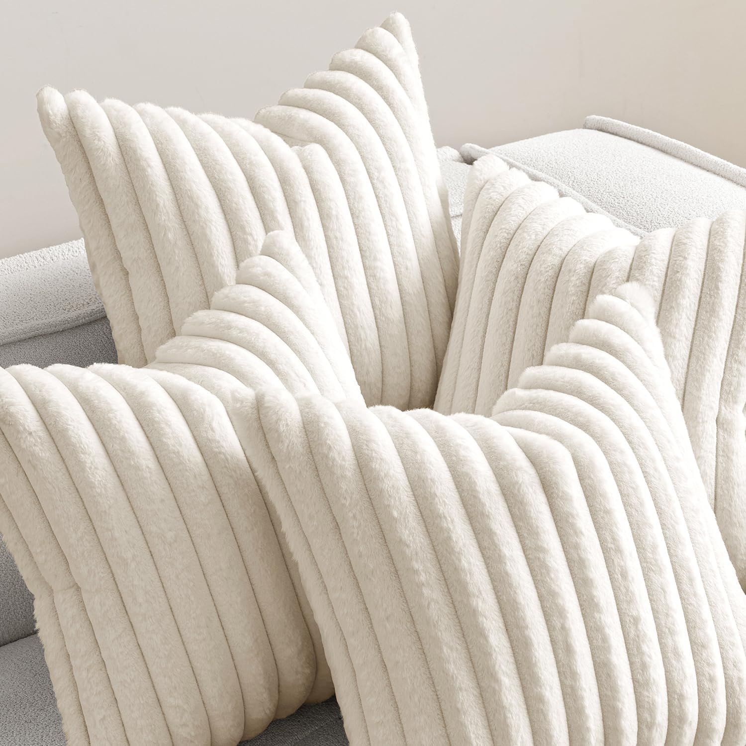 Faux Fur Plush Decorative Throw Pillow Covers / 18 x 18 / Cream White / Set of 4
