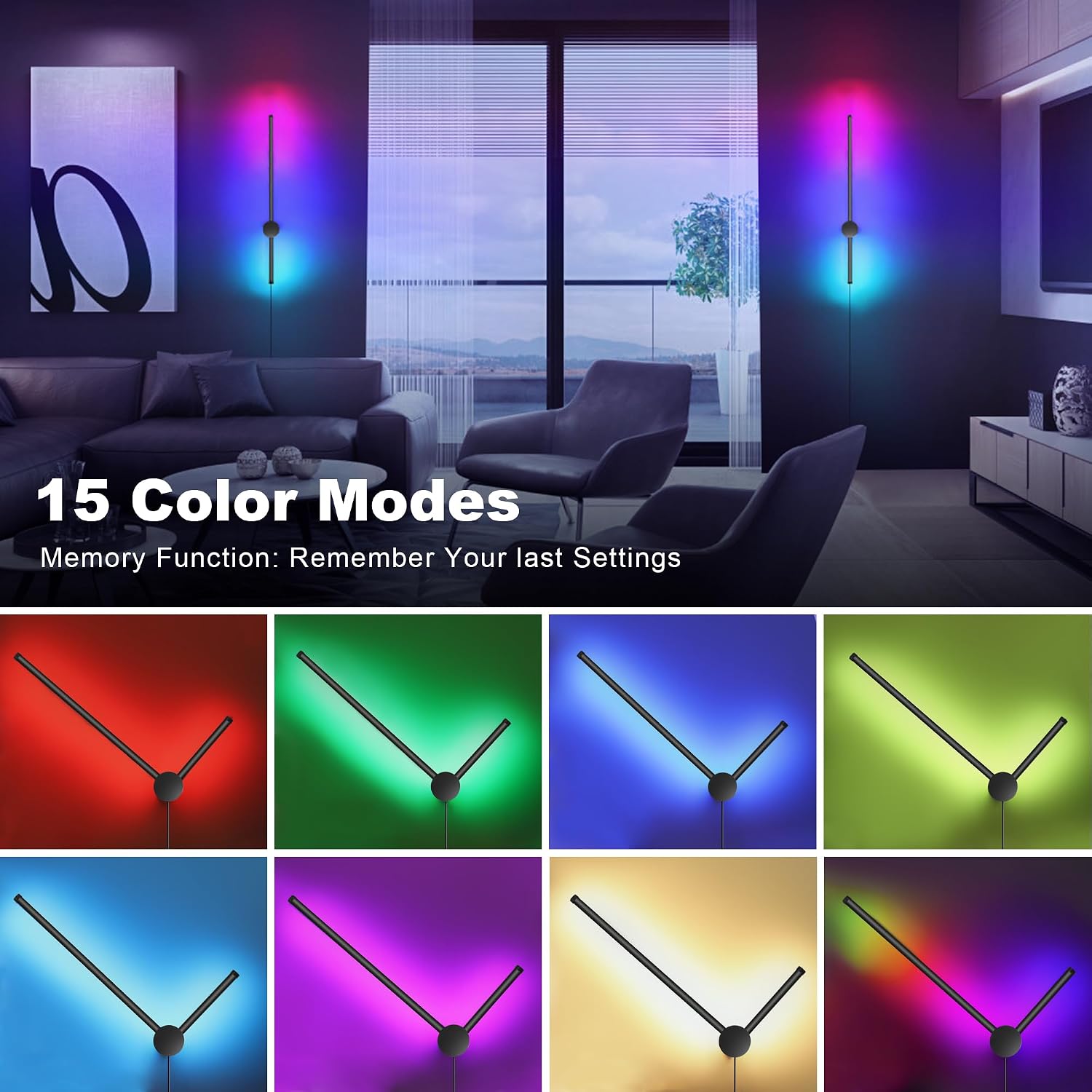 RGB LED Wall Sconces Set of Two with Remote, 15 Color Modes, Dimming, DIY 180° Rotate, Black Plug in Wall Sconces with