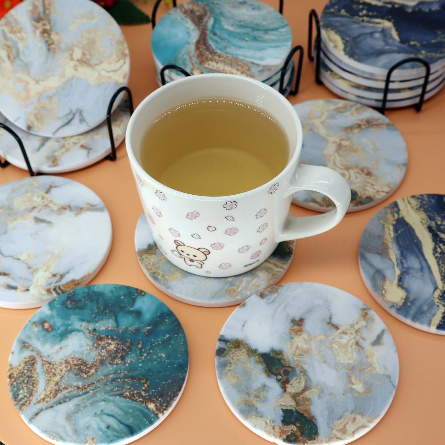 Holder Absorbent Drink Coaster Set Outdoor Round Abstract Table Decorative / White Gold