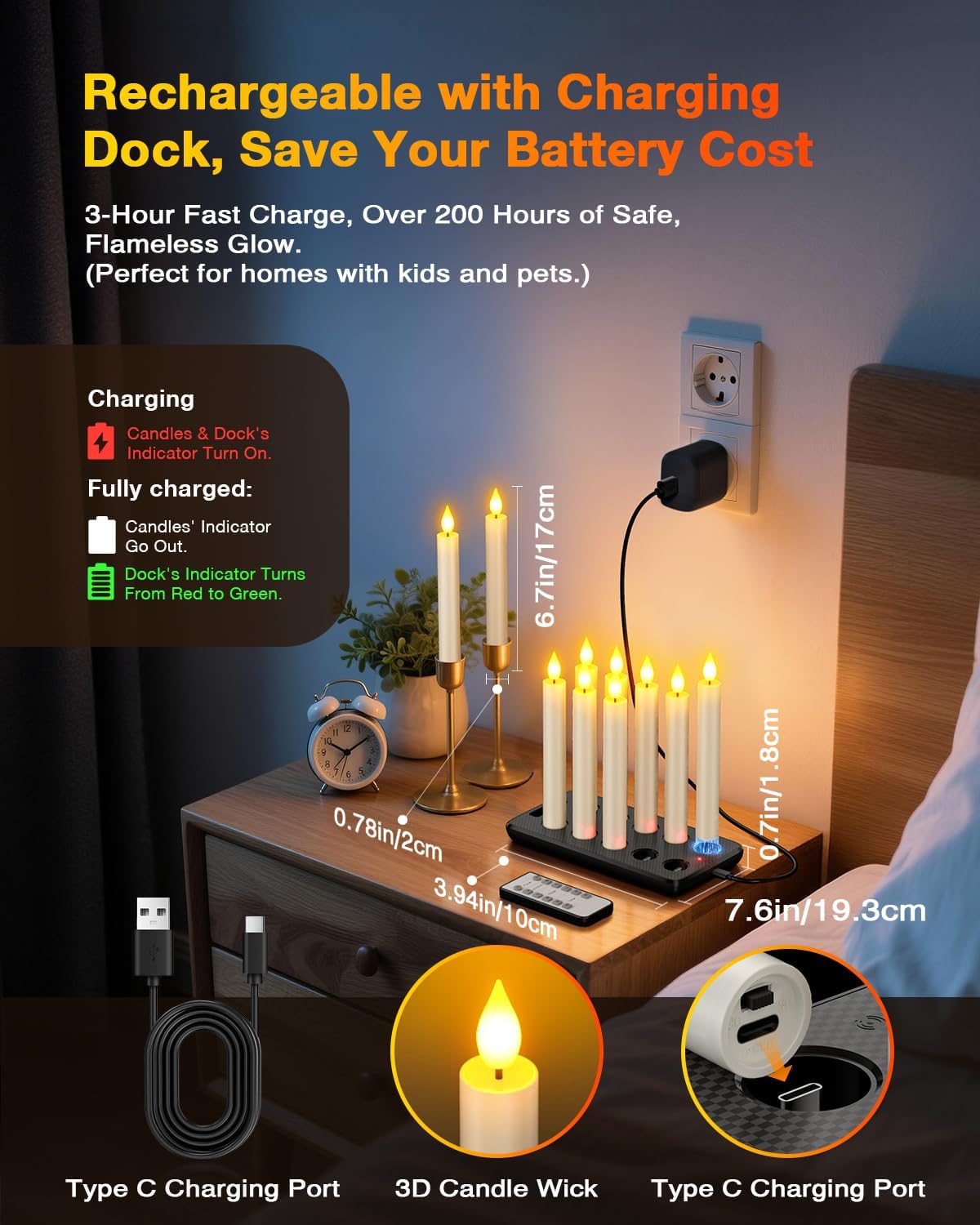 Yme Rechargeable Flameless Taper Candles Battery Operated with Remote Timer | USB-C Charging Base, 6.7" Flickering