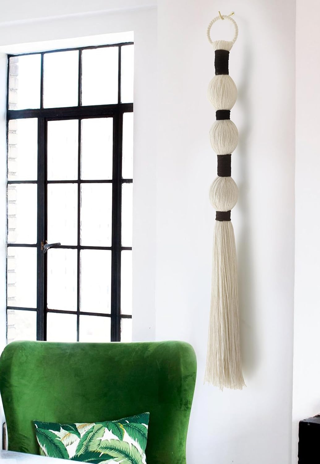 Macrame Wall Hanging Boho Wall Decor Small Sphericity Cotton Textile Tassel / Ivory and Black