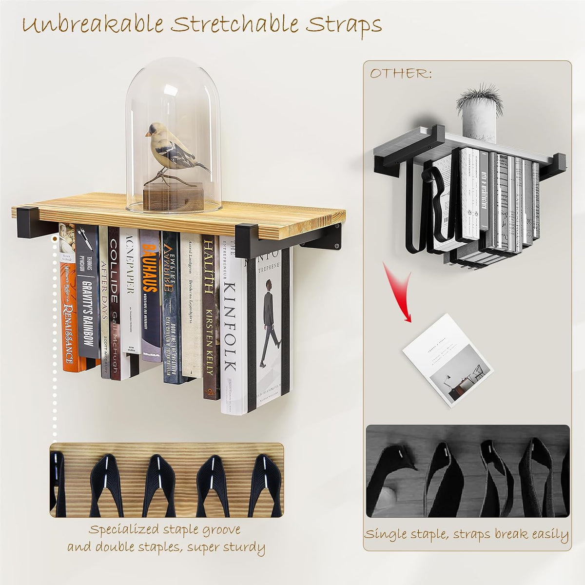 NANATI 2 Set of Floating Bookshelf, Pine Wood Invisible Bookshelf, Hanging Bookshelves for Wall, Unique Space Saving