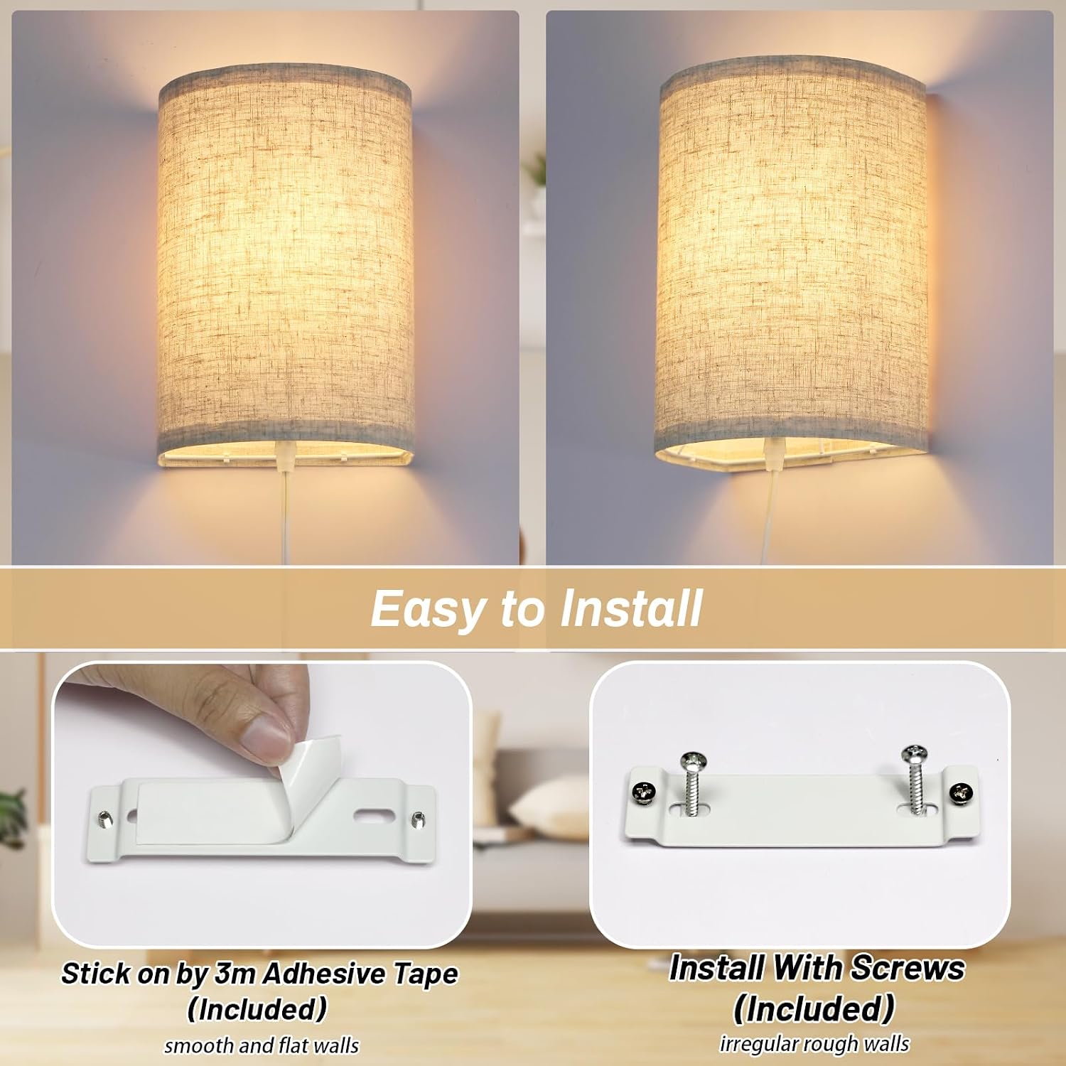 FINCMY Wall Sconce Light Plug in, Dimmable Sconces Wall Decor Set of 2, Stick on Wall Lights for Bedroom Living Room