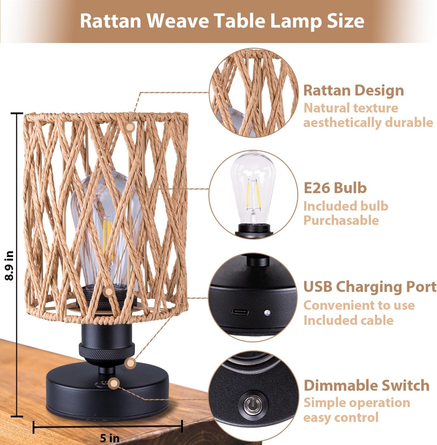 Cordless Outdoor Table Lamps, Small Rattan Boho, Rechargeable Battery Operated for Outdoor Patio, Home, Living Room