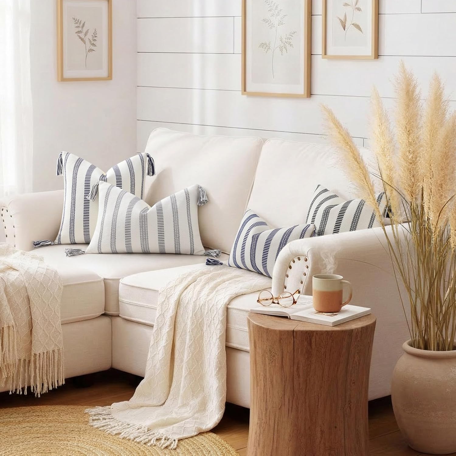 Boho Outdoor Couch Throw Pillow Covers Decorative Thick / Grey and Cream White / 20 x 20 / Set of 2