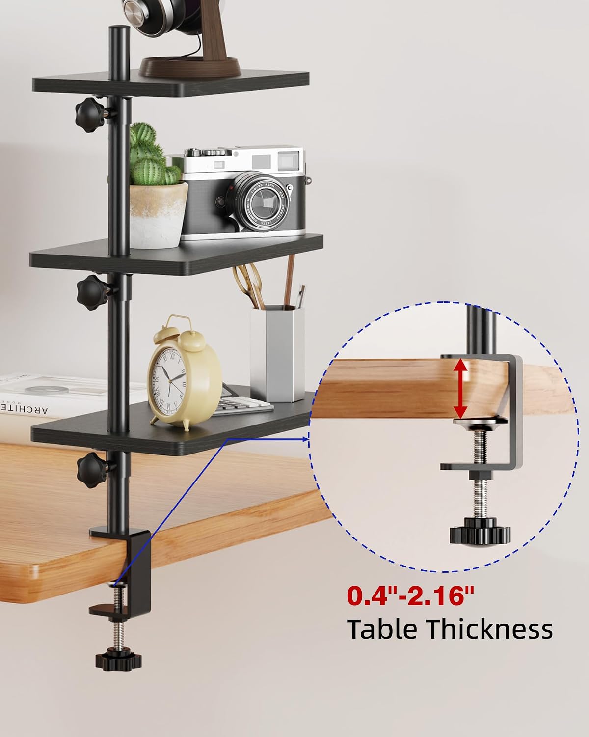 3 Tiers Clamp On Desk Shelf, 360° Angle Adjustable Desktop Shelf Organizer for Home Office Gaming Room, No Drill Desk