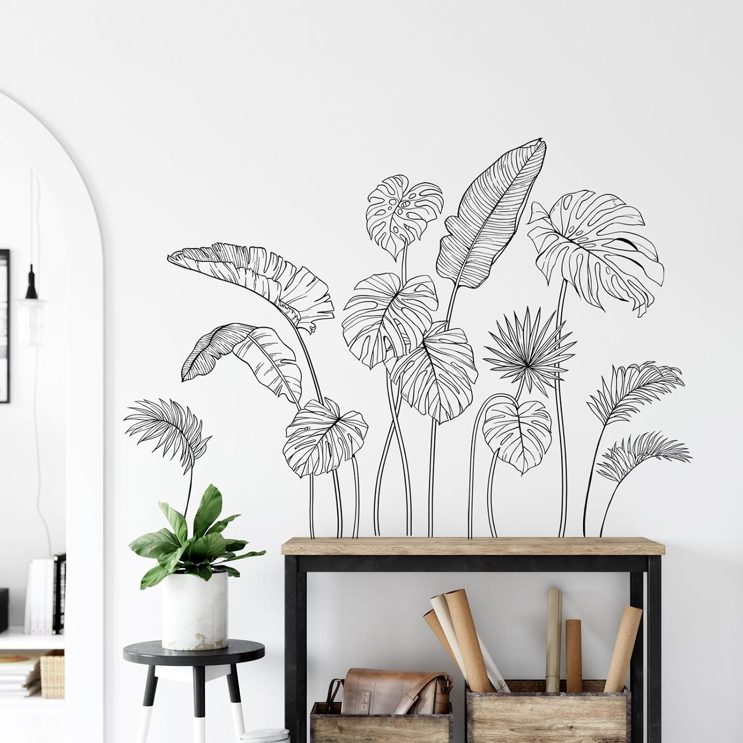 White Tropical Plants Wall Decals Sketch Palm Leaves Wall Stickers Simple Line Monstera Leaf / Black