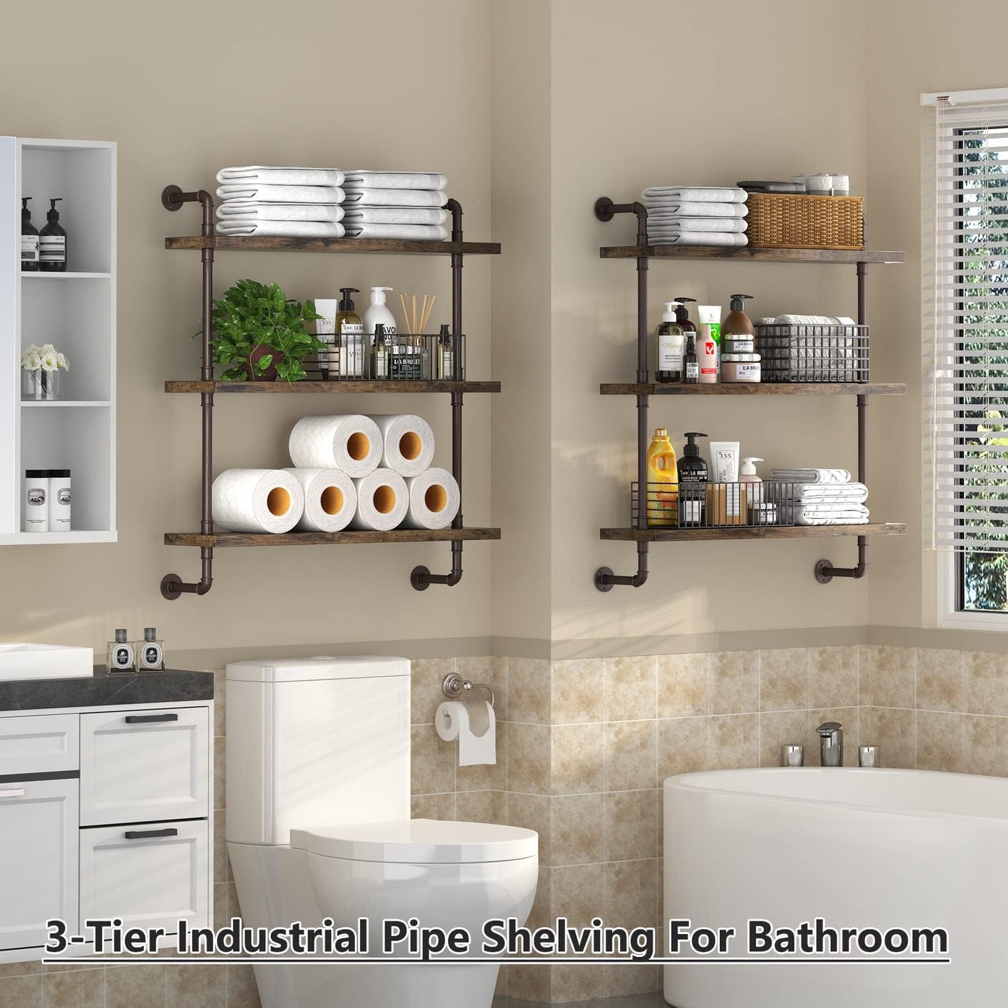 3 Tier Industrial Pipe Shelf Rustic Wood Floating Shelves / 1set / 24inch
