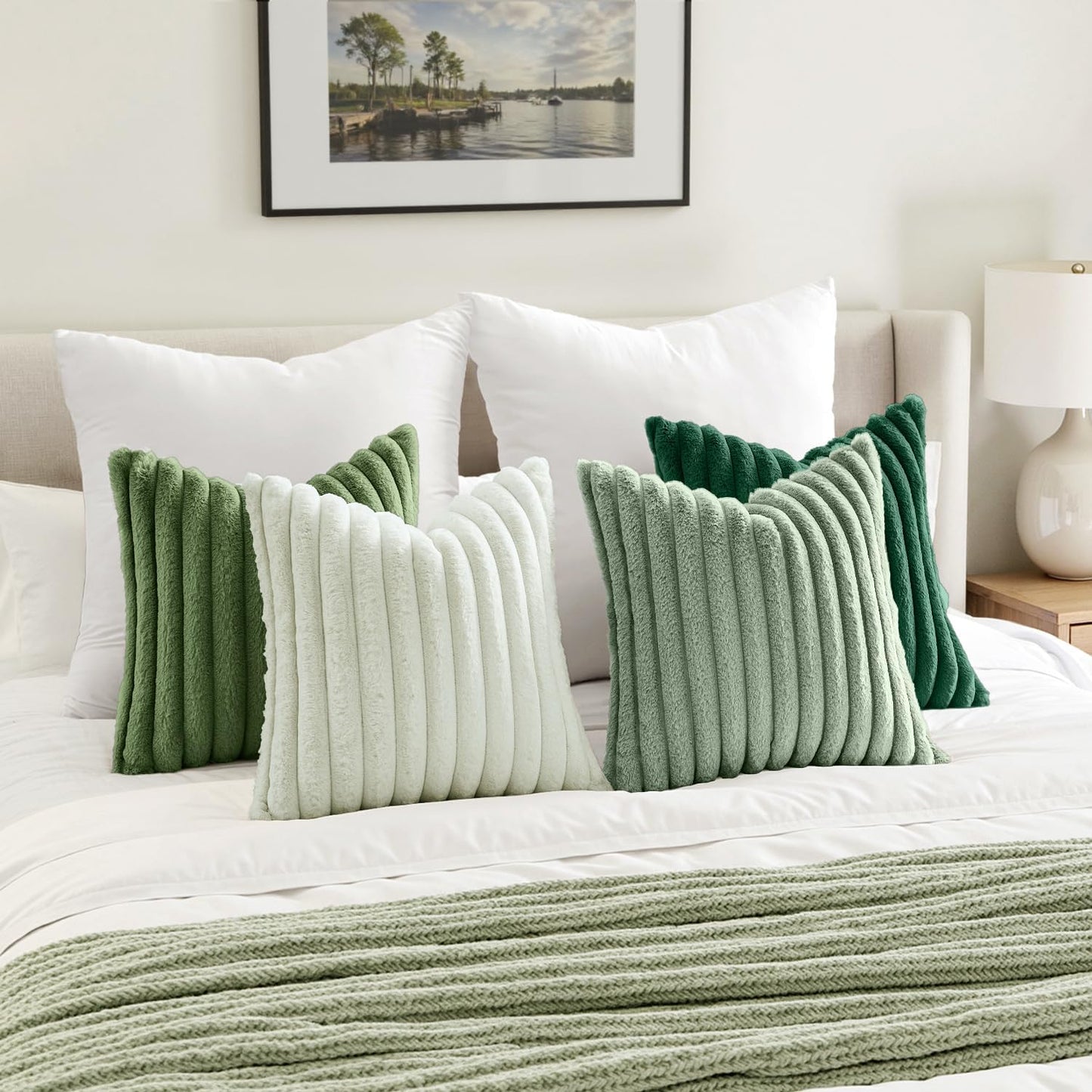 Faux Fur Plush Decorative Throw Pillow Covers / 18 x 18 / Green / Set of 4