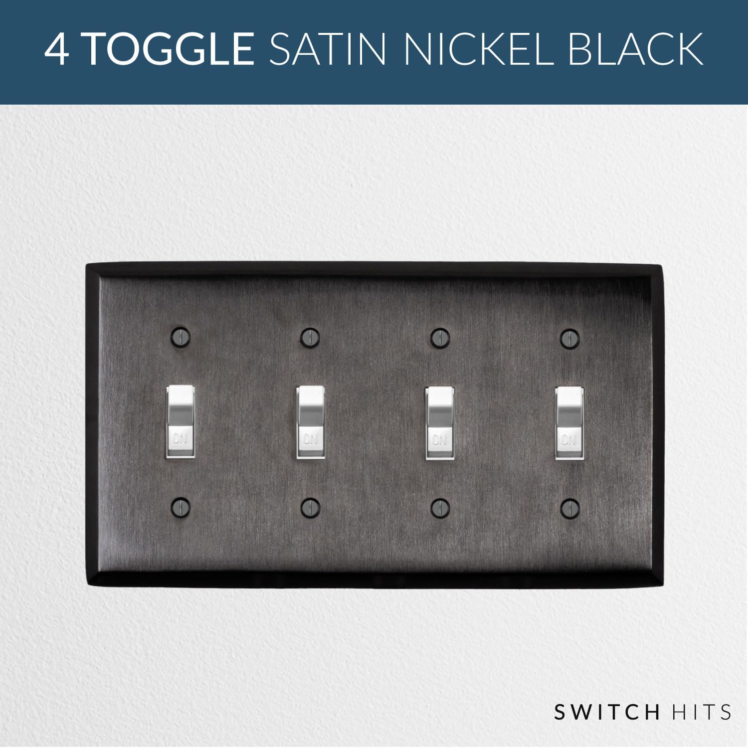 Satin Nickel Black Outlet Wall Plate | 4 Toggle | 8.25" x 4.5" | Hand-Polished Brass Construction | Electrical Switch