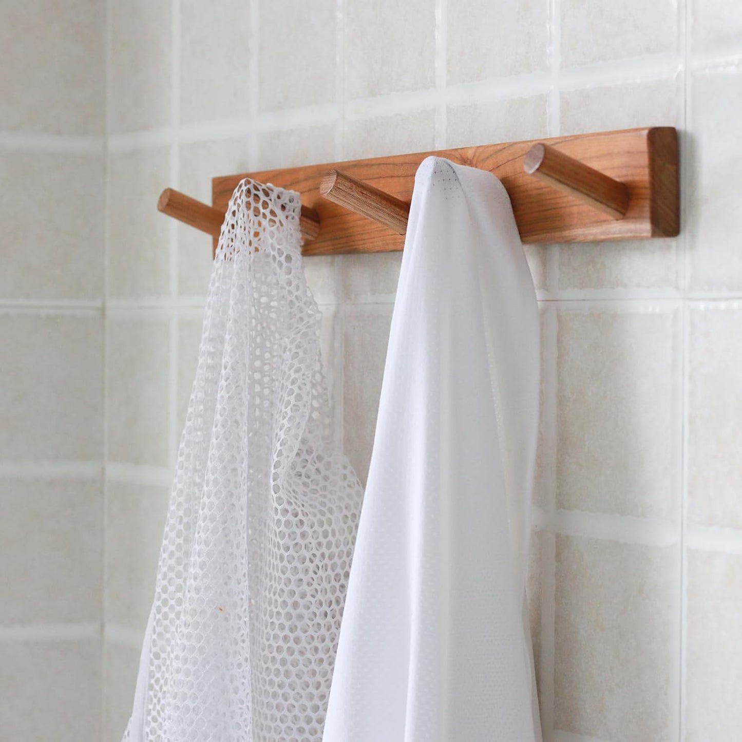 Natural Teak Wall-Mounted Coat Rack (Set of 2, 16'' Hole to Hole) - Farmhouse Entryway Hooks with 5 Wooden Hooks Each
