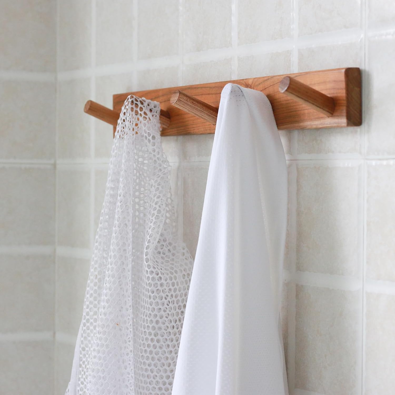 Natural Teak Wall-Mounted Coat Rack (Set of 2, 16'' Hole to Hole) - Farmhouse Entryway Hooks with 5 Wooden Hooks Each