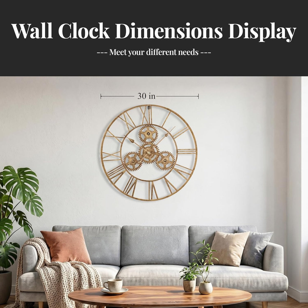 Cuspin 24 Inch Gold Wall Clock with Gears, Modern Industrial Metal Clock | Roman Numeral, silent non ticking, battery