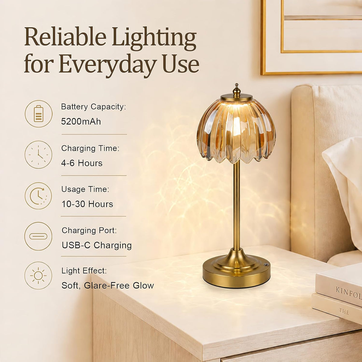 Rechargeable Cordless Table Lamp, 3 Color Temps & Stepless Dimming | 5200mAh Battery Glass Table Lamp, Touch Control &