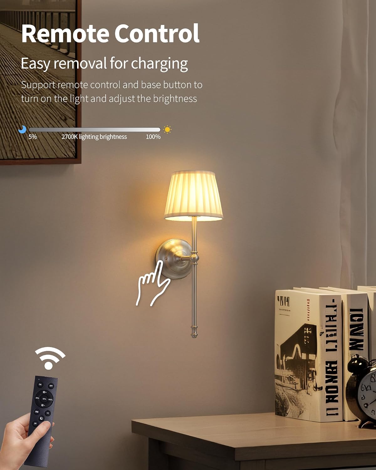KDG Nickel Cordless Wall Sconces Set of 2, Beige Fabric LED Wall Lamp | Wireless Small Rechargeable Battery, Portable