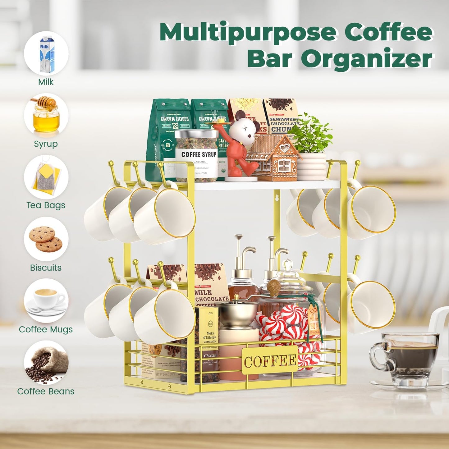 EsLuker.ly Coffee Mug Cup Holder Tree Bar Station Organizer, 2 Tier Gold | Mug Stand Rack for Countertop Kitchen
