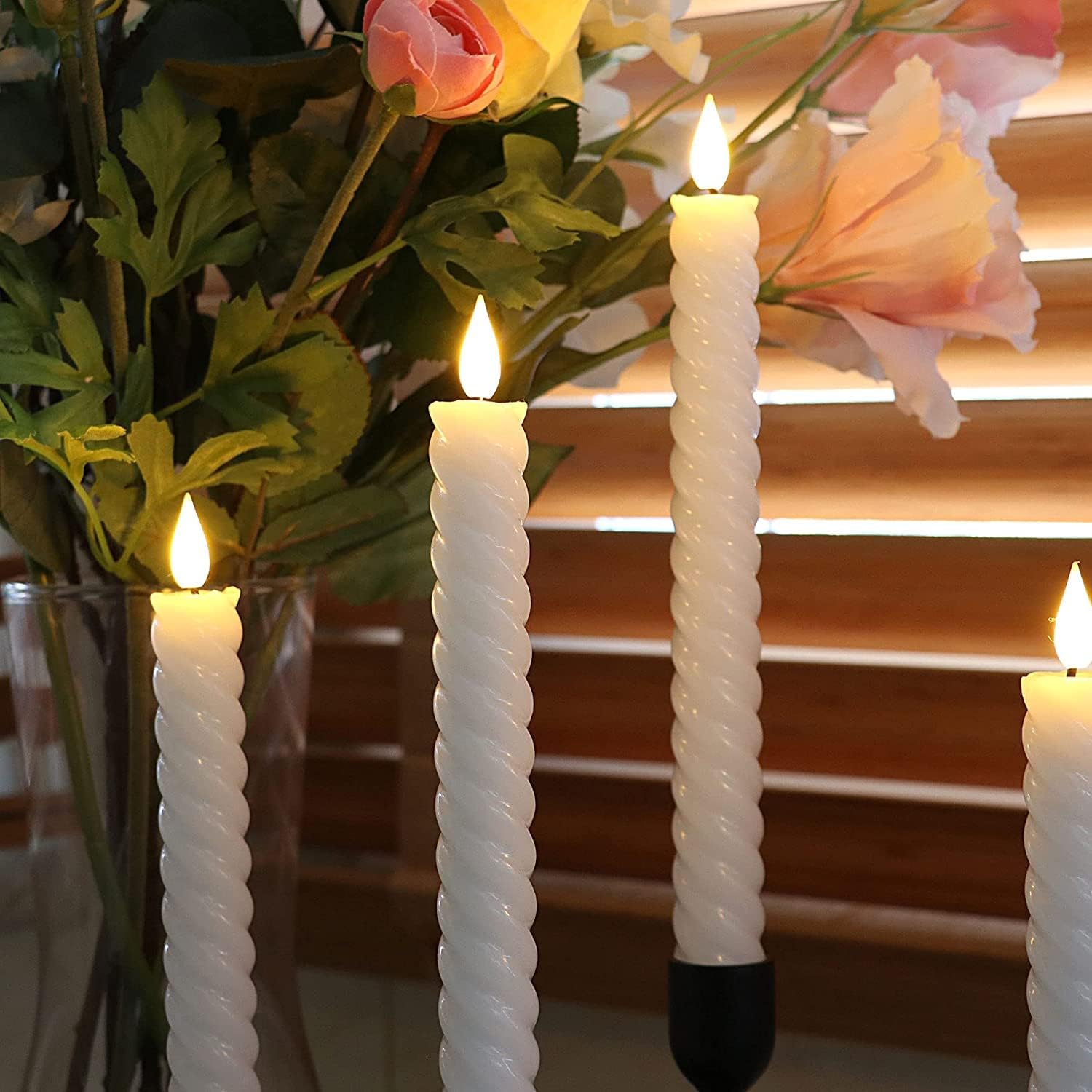 Rhytsing 10" White Flameless Twist Taper Candles with Timer, Battery Operated Spiral Candlesticks, Warm White Light