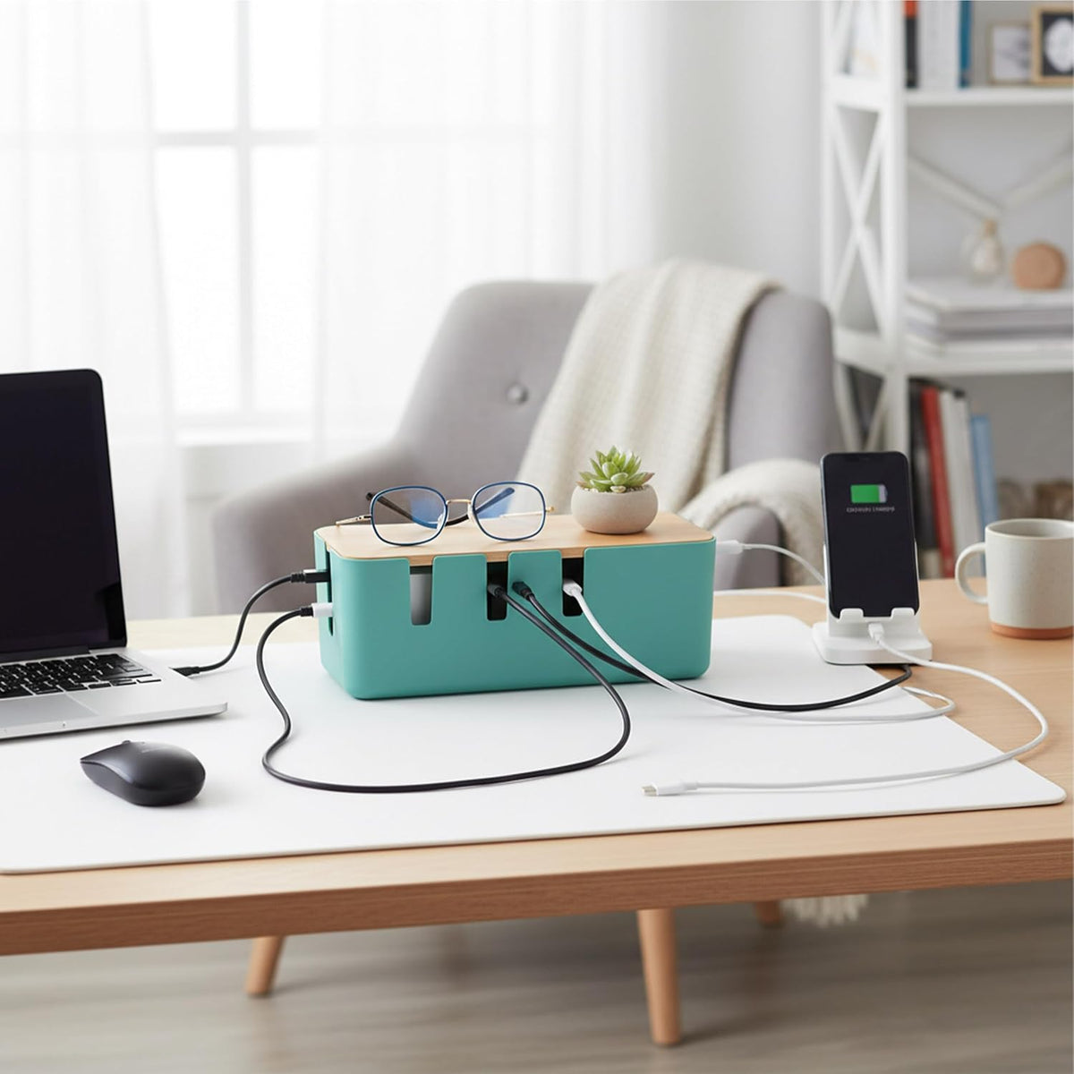 Relaxdays Cable Box for 2-Outlet Strips with Wooden Lid, Plastic, Cable Management, Organizer, 11.5 x 30.5 x 12.5 cm
