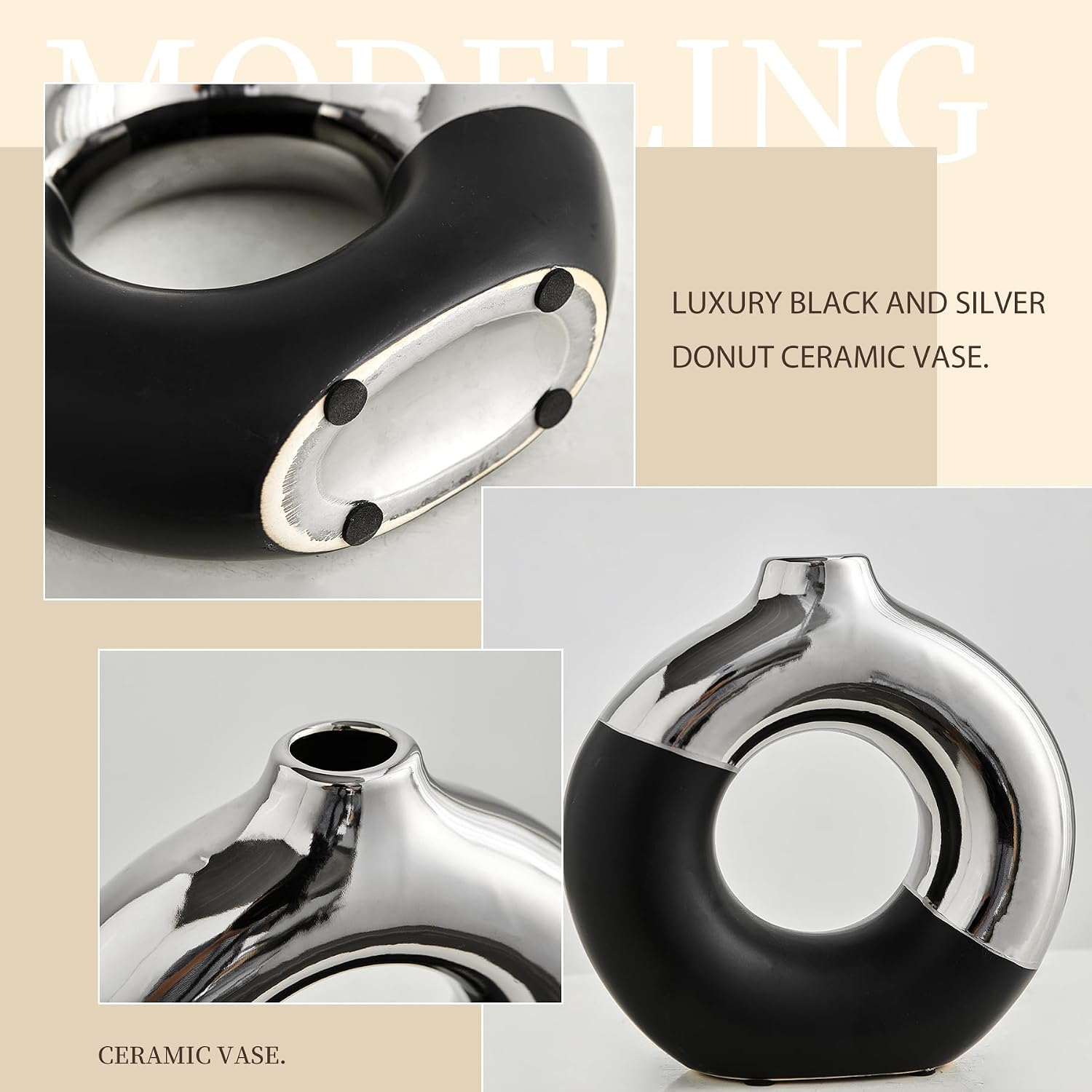Ceramic Donut Vase / Black & Silver / Large