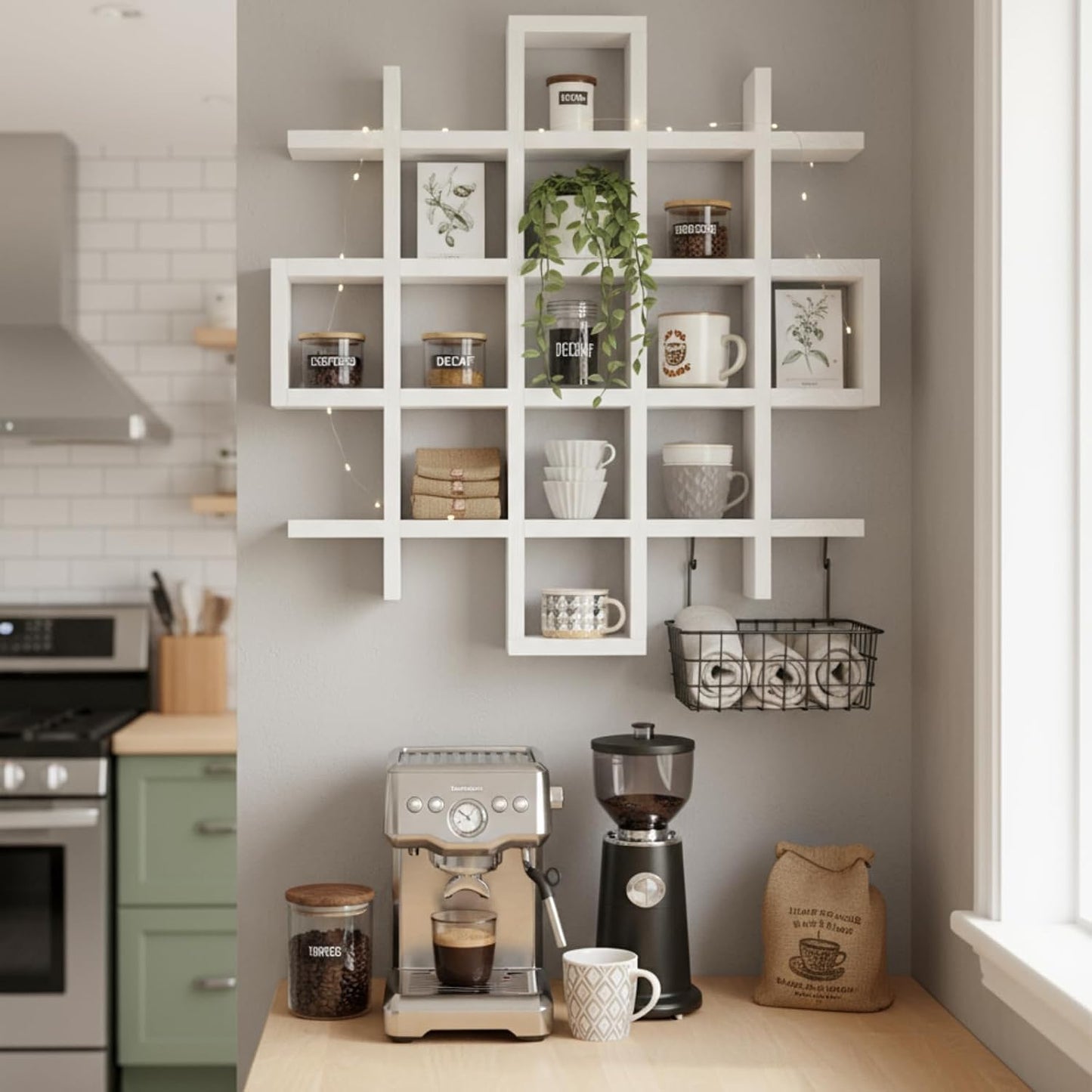 Suzile Mug Display Shelf Wall Mounted,Grid Size 5.1x5.1x3in,White | Rustic Wood Floating Shadow Box for Coffee Mugs