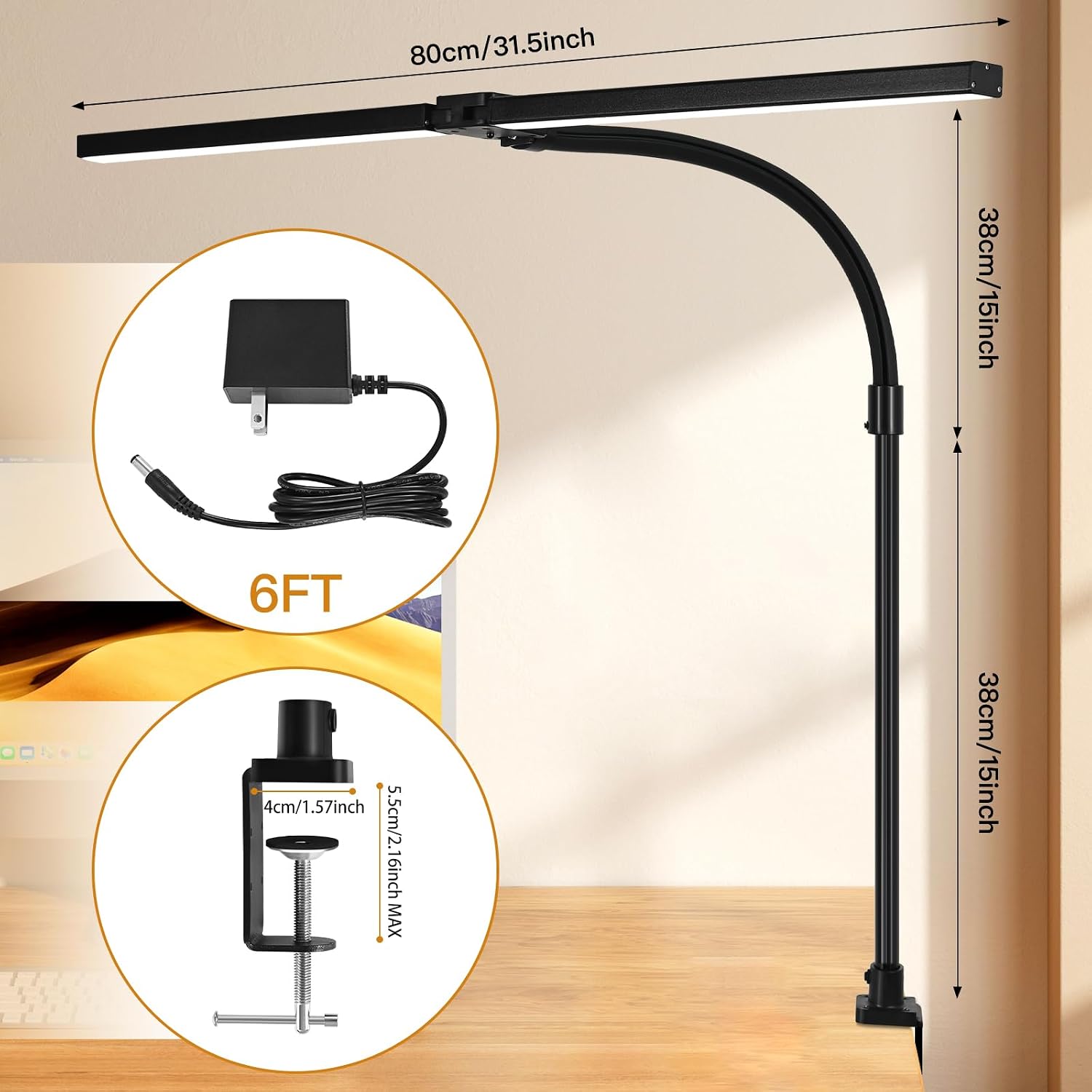LED Desk Lamp with Clamp, Dual Head Monitor Light, Remote | 24W Dimmable Eye-Caring Task Lamp with Timer, Anti-Glare