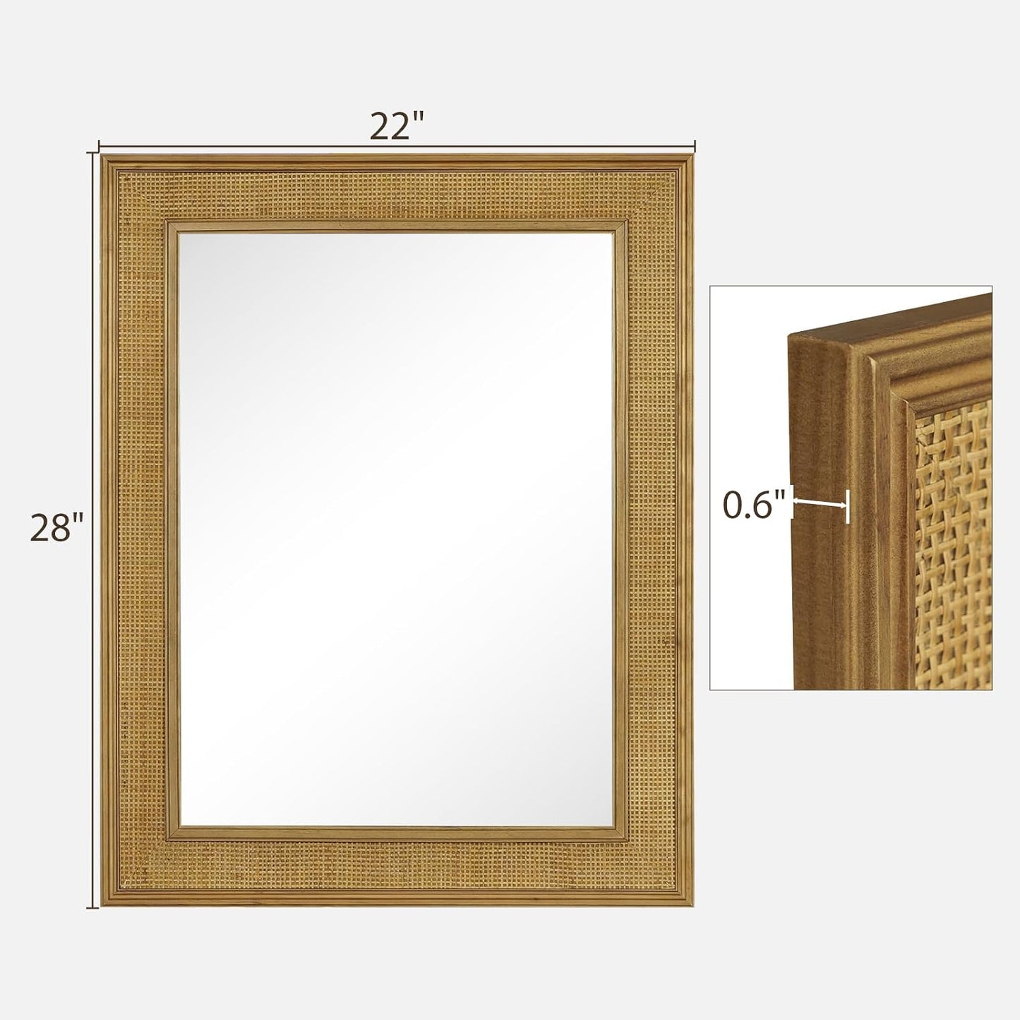Rattan Wall Mirror Rectangle / Rattan Mirror / 28"L x 22"W / 22 x 28