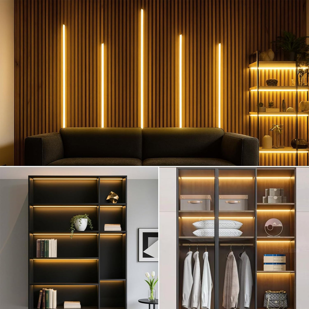 AIMENGTE 12V COB LED Cabinet Lights Black Strip, 6 x 3.3ft Touch Dimmable 3000K Warm White Lighting for Parallel Wood