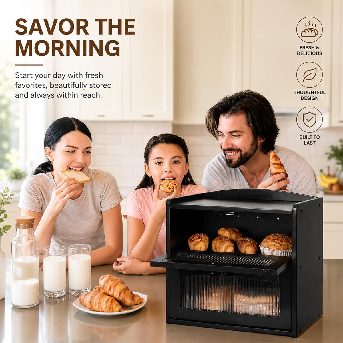 Large Wooden Bread Box for Kitchen Countertop, 2-Tier, Black | Clear Acrylic Window Spacious Bread Storage Farmhouse