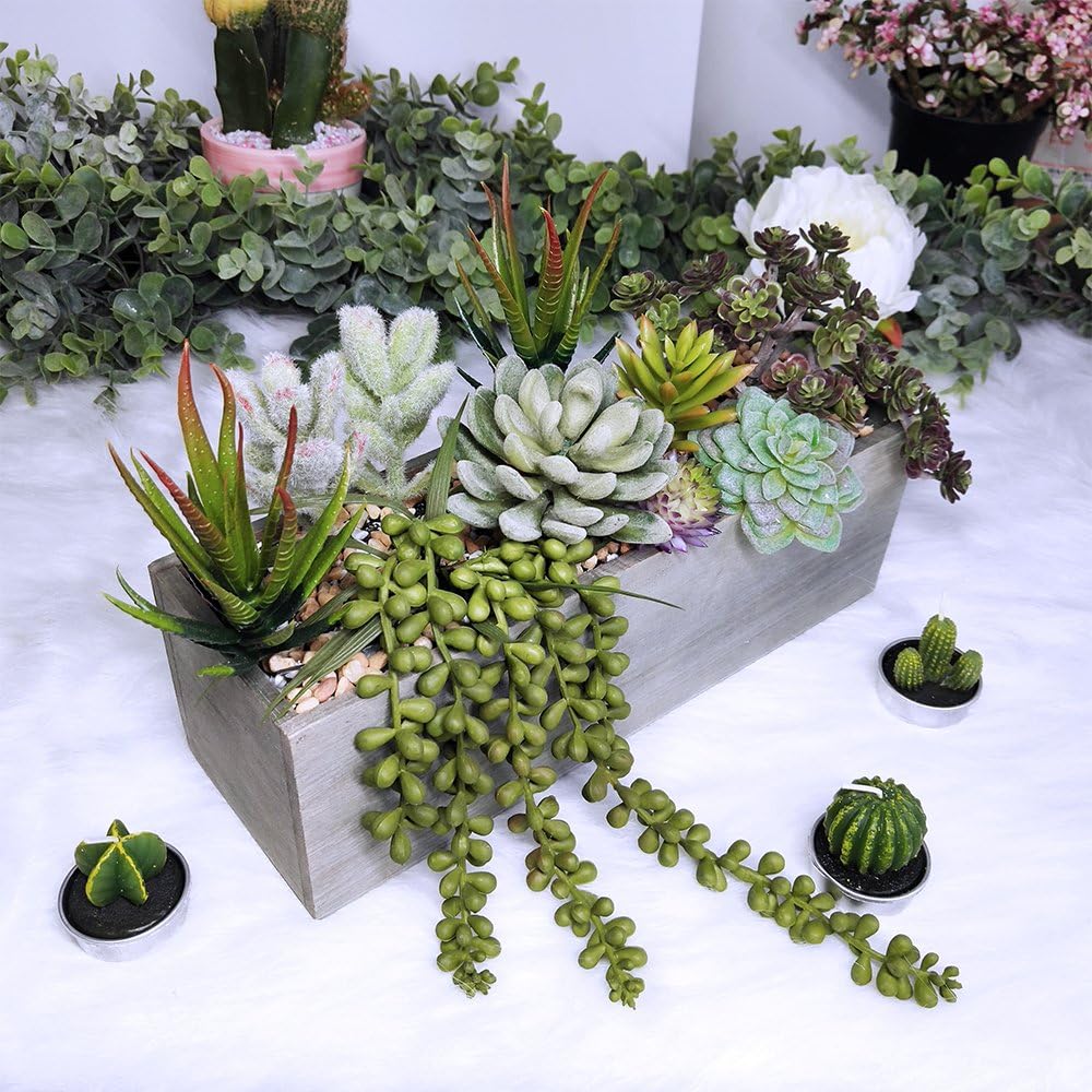 Artificial Potted Succulents Plants Arrangement Fake Succulent Plants in Rectangular Wooden Pot