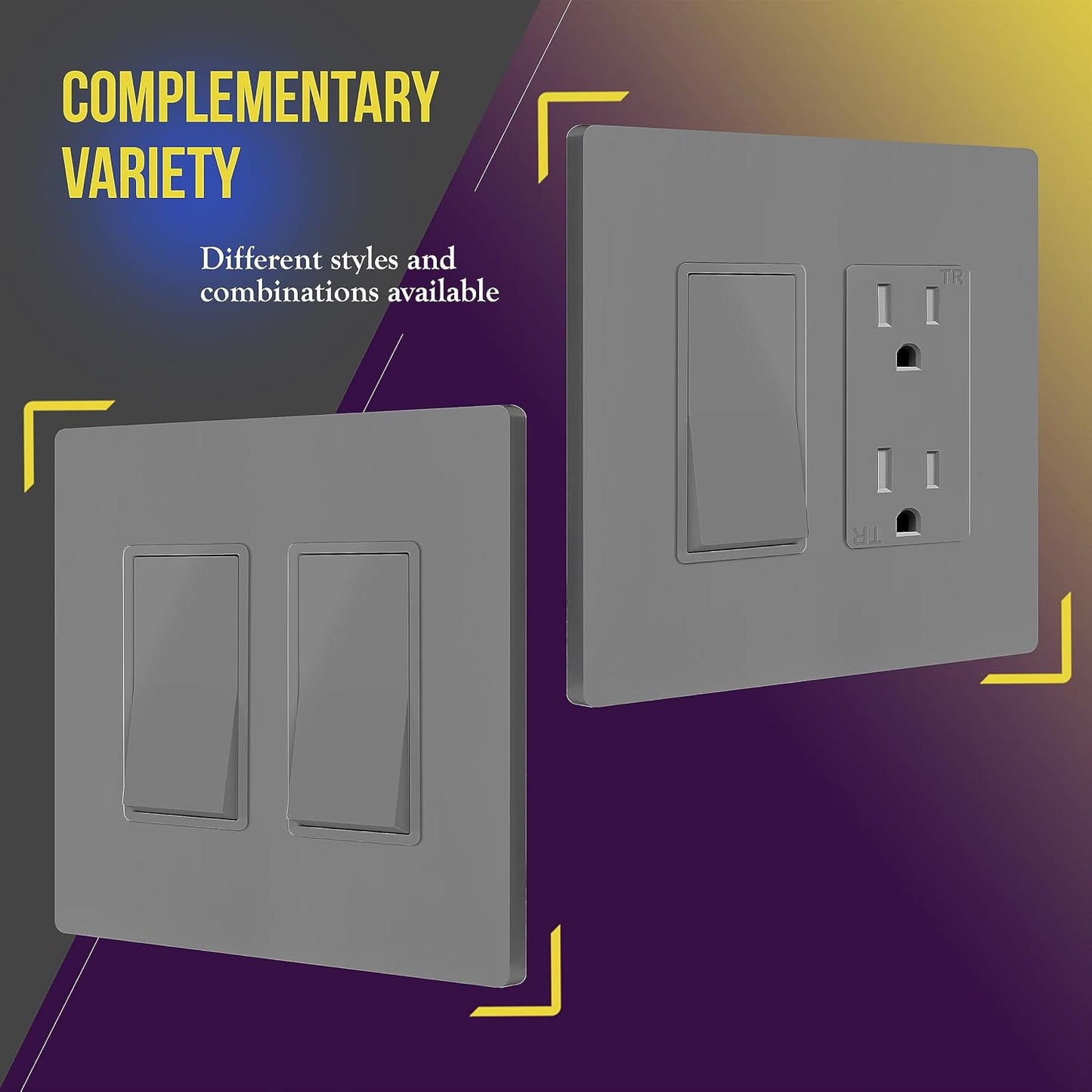 ENERLITES 2-Gang Gray Mid-Size Screwless Decorator Wall Plate, 10 Pack | Size 4.88" x 4.92", Plate cover Fits light