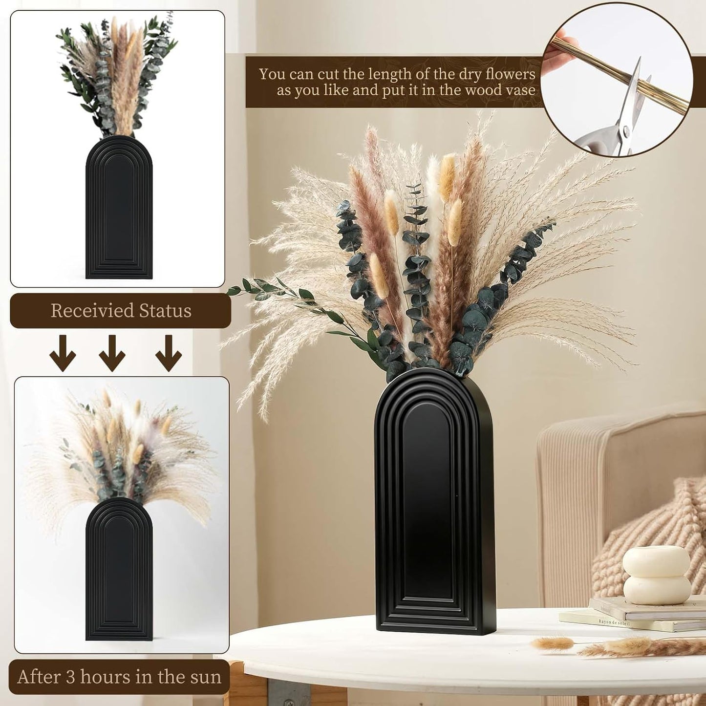 Wooden Wall Vase Set / Black with Dry Flowers / Set of 2