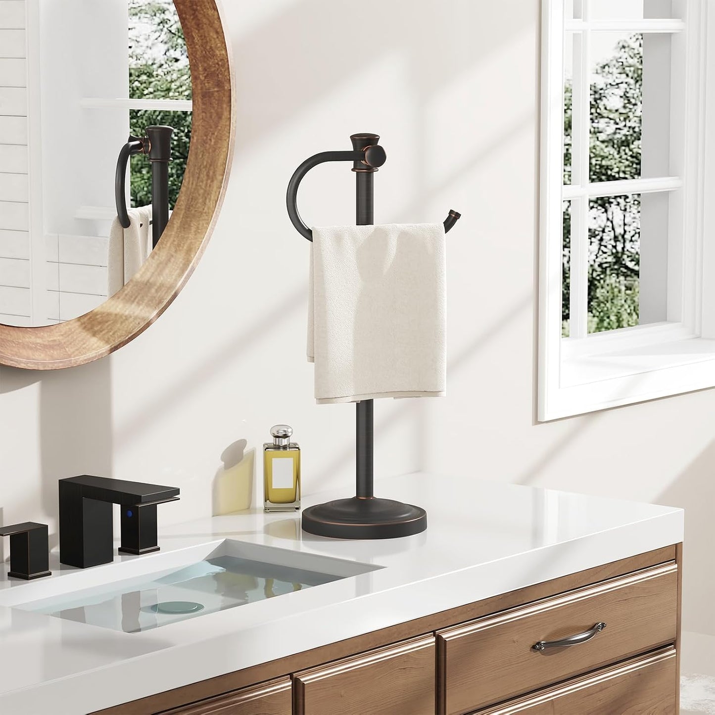 Stand Hand Towel Holder, Countertop Towel Bar, Oil Rubbed Bronze | 17 Inch Bathroom Towel Hanger, Freestanding Vanity